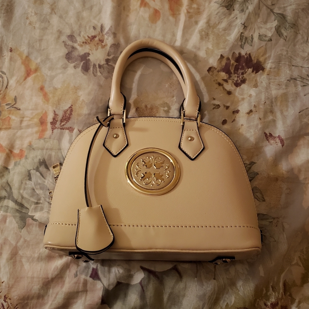 Beige Structured Hidden Key Gold Emblem Handbag